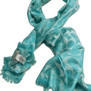 Coach Elegant Turquoise Patterned Scarf fringe wool silk